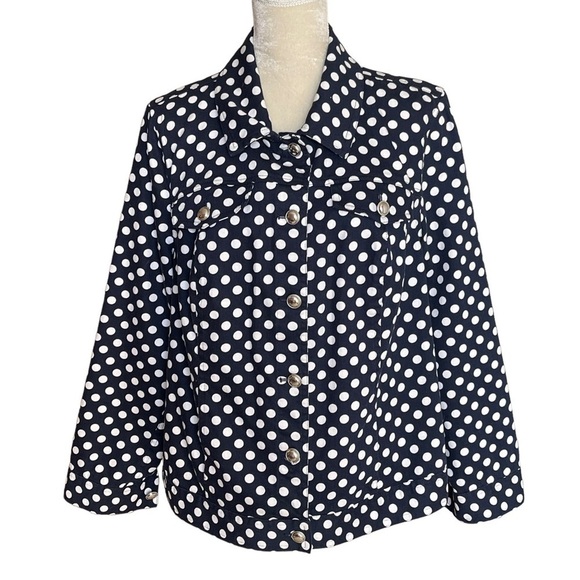 𝅺CJ  Banks Women’s Navy White Polka Dots Jacket Size 1X Denim Buttons Casual - Picture 1 of 8